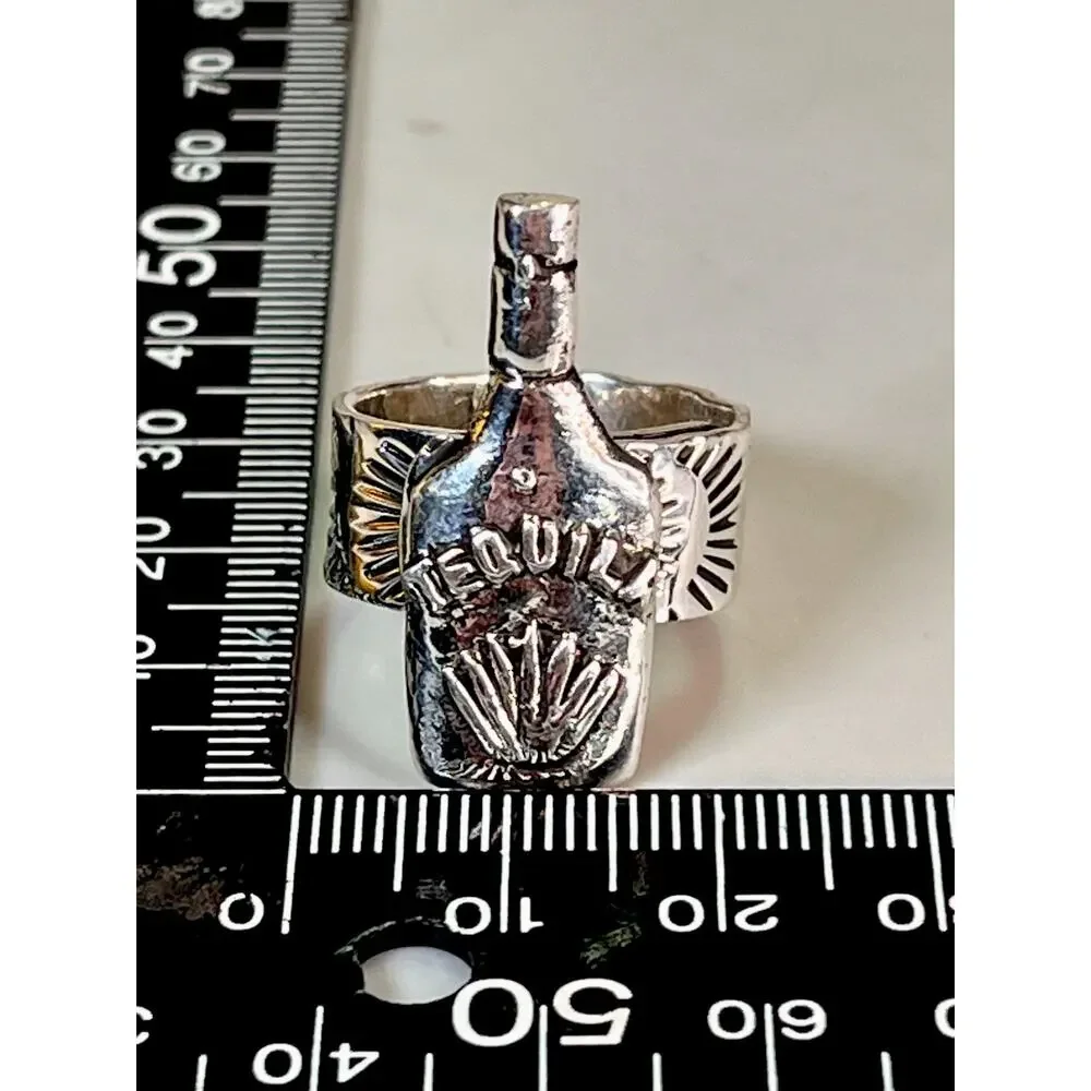 Sterling Silver TAXCO Mexico Tequila Bottle Ring Wide Stamped Band Adjustable